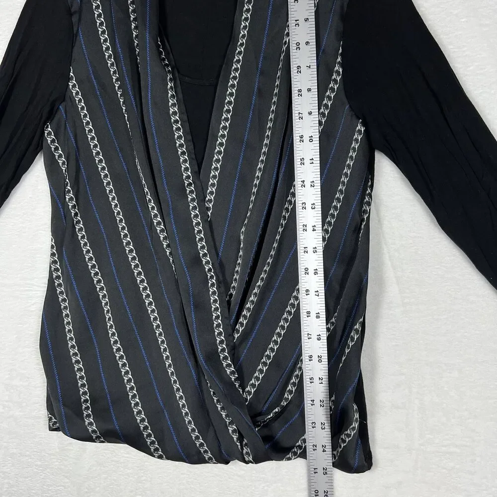 Michael Michael Kors Women's Wrap Top Small Black Chain Print Long Sleeve Blouse
